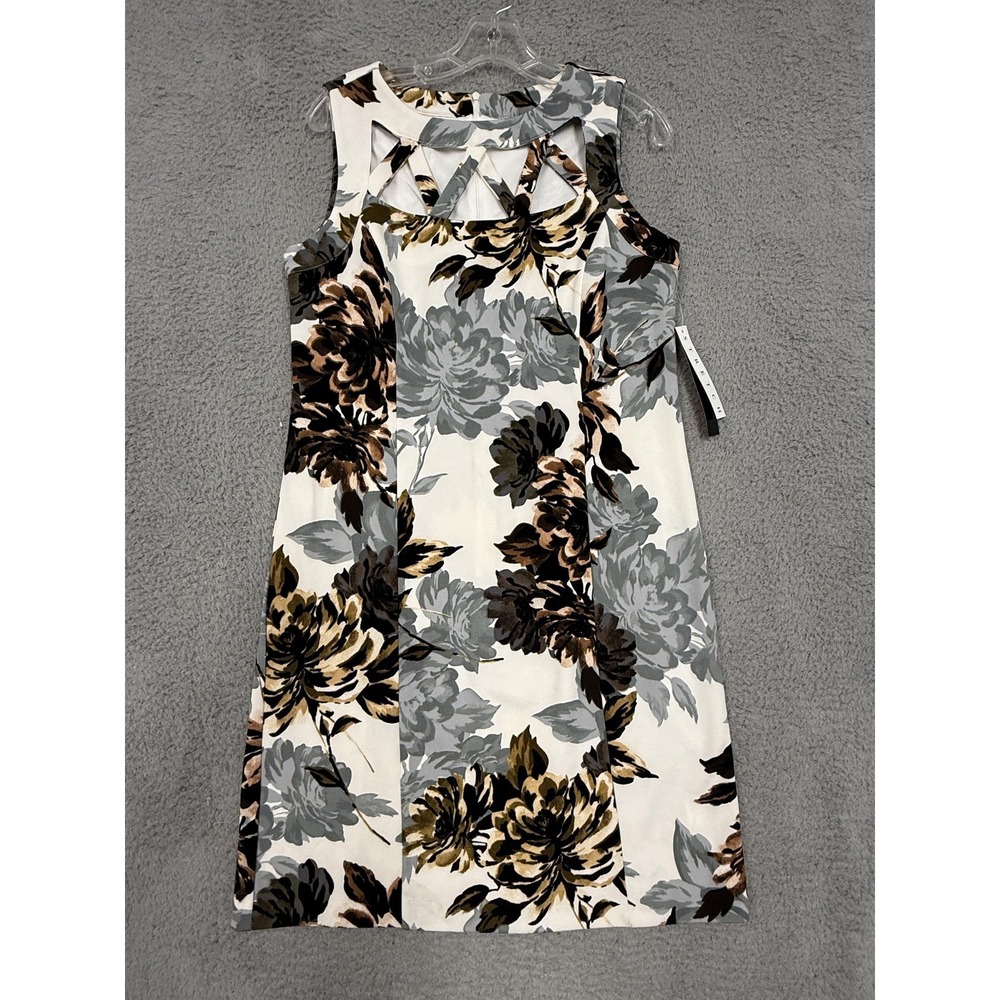 ILE New York Dress‎ Womens Size 8 White Brown Floral Stretch Sleeveless Cutout
